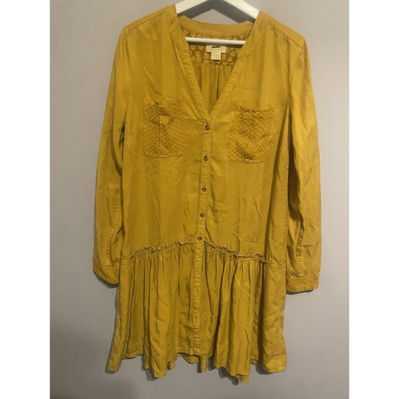 Anthropologie Maeve Marlie Dress Womens 6 Button Front Long‎ sleeve Yellow Gold - Picture 2 of 9